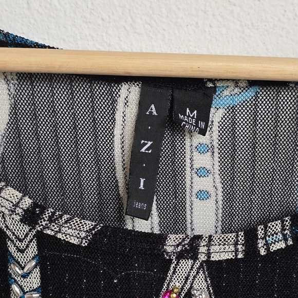 AZI Jeans Sheer Mesh Belt Print Beaded Y2K Top Size M - Picture 7 of 16